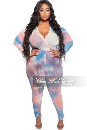 Final Sale Plus Size Faux Wrap Mesh Jumpsuit in Pink, Yellow and Blue Tie Dye