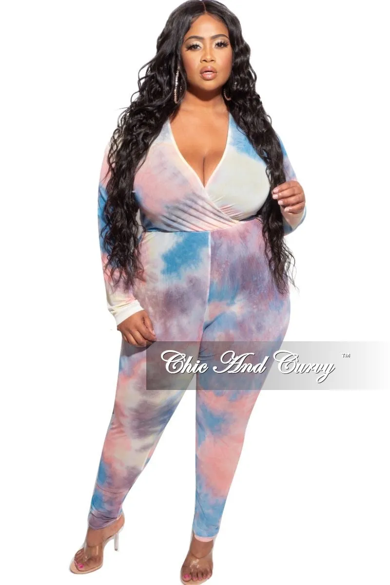 Final Sale Plus Size Faux Wrap Mesh Jumpsuit in Pink, Yellow and Blue Tie Dye