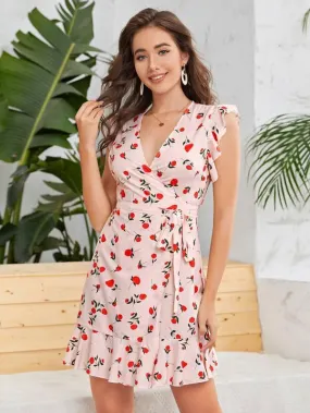 Floral Self Tie Ruffle Hem Wrap Dress