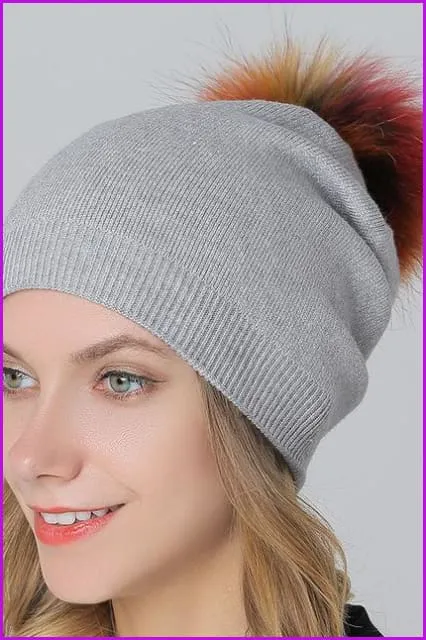 Fox Fur Pompom Mix Colors Cap