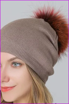 Fox Fur Pompom Mix Colors Cap