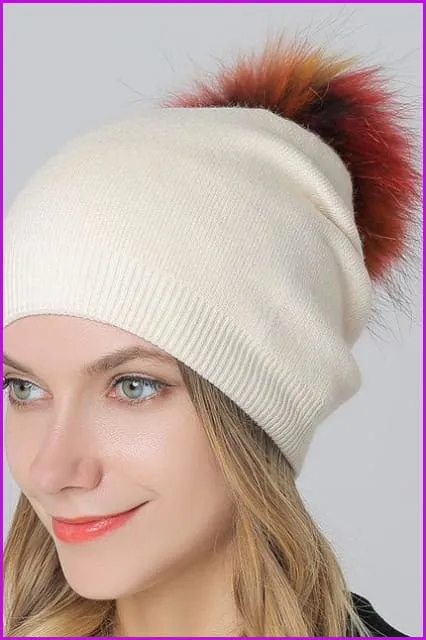 Fox Fur Pompom Mix Colors Cap