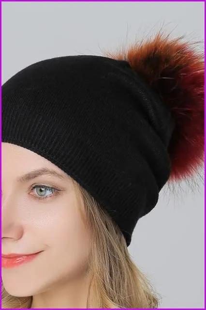 Fox Fur Pompom Mix Colors Cap