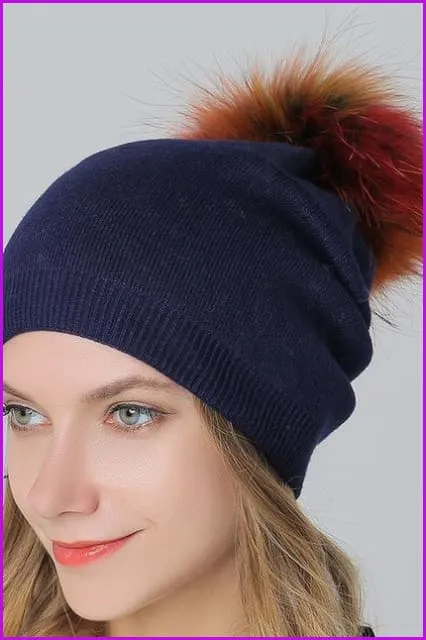 Fox Fur Pompom Mix Colors Cap