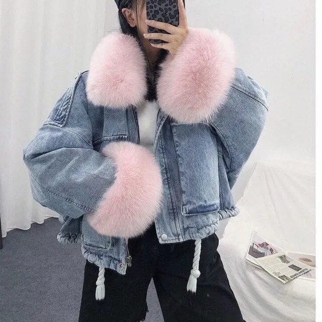 Gizmosy 2021 Winter Loose Denim Jacket Women Oversized Fur Collar Plus Velvet Padded Jacket Vintage Cotton Thick Warm Jean Coat