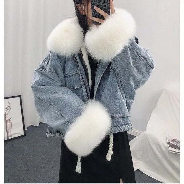 Gizmosy 2021 Winter Loose Denim Jacket Women Oversized Fur Collar Plus Velvet Padded Jacket Vintage Cotton Thick Warm Jean Coat