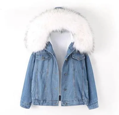 Gizmosy 2021 Winter Loose Denim Jacket Women Oversized Fur Collar Plus Velvet Padded Jacket Vintage Cotton Thick Warm Jean Coat