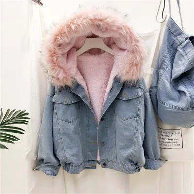 Gizmosy 2021 Winter Loose Denim Jacket Women Oversized Fur Collar Plus Velvet Padded Jacket Vintage Cotton Thick Warm Jean Coat