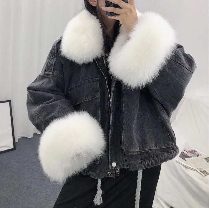 Gizmosy 2021 Winter Loose Denim Jacket Women Oversized Fur Collar Plus Velvet Padded Jacket Vintage Cotton Thick Warm Jean Coat