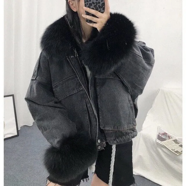 Gizmosy 2021 Winter Loose Denim Jacket Women Oversized Fur Collar Plus Velvet Padded Jacket Vintage Cotton Thick Warm Jean Coat