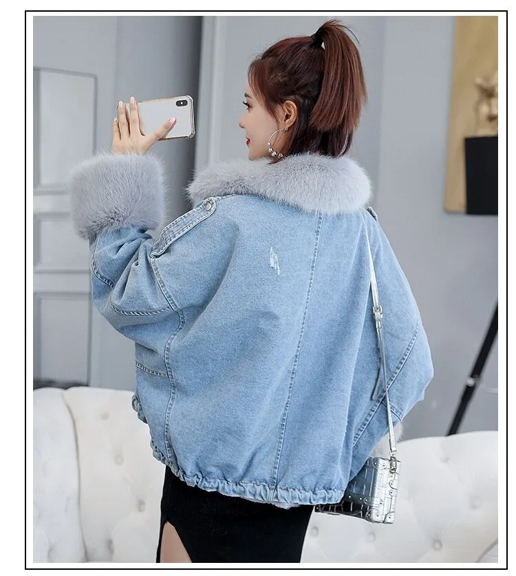 Gizmosy 2021 Winter Loose Denim Jacket Women Oversized Fur Collar Plus Velvet Padded Jacket Vintage Cotton Thick Warm Jean Coat