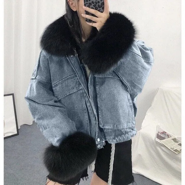 Gizmosy 2021 Winter Loose Denim Jacket Women Oversized Fur Collar Plus Velvet Padded Jacket Vintage Cotton Thick Warm Jean Coat
