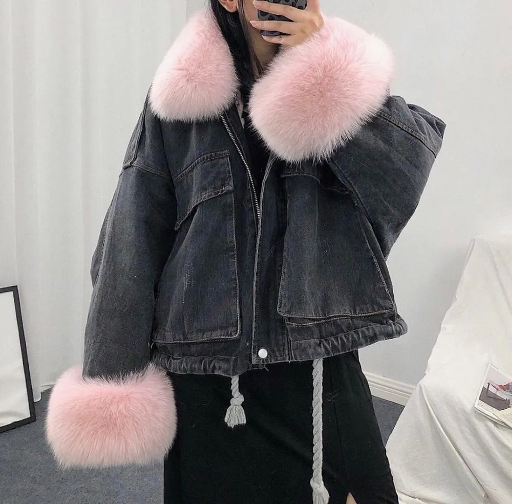 Gizmosy 2021 Winter Loose Denim Jacket Women Oversized Fur Collar Plus Velvet Padded Jacket Vintage Cotton Thick Warm Jean Coat