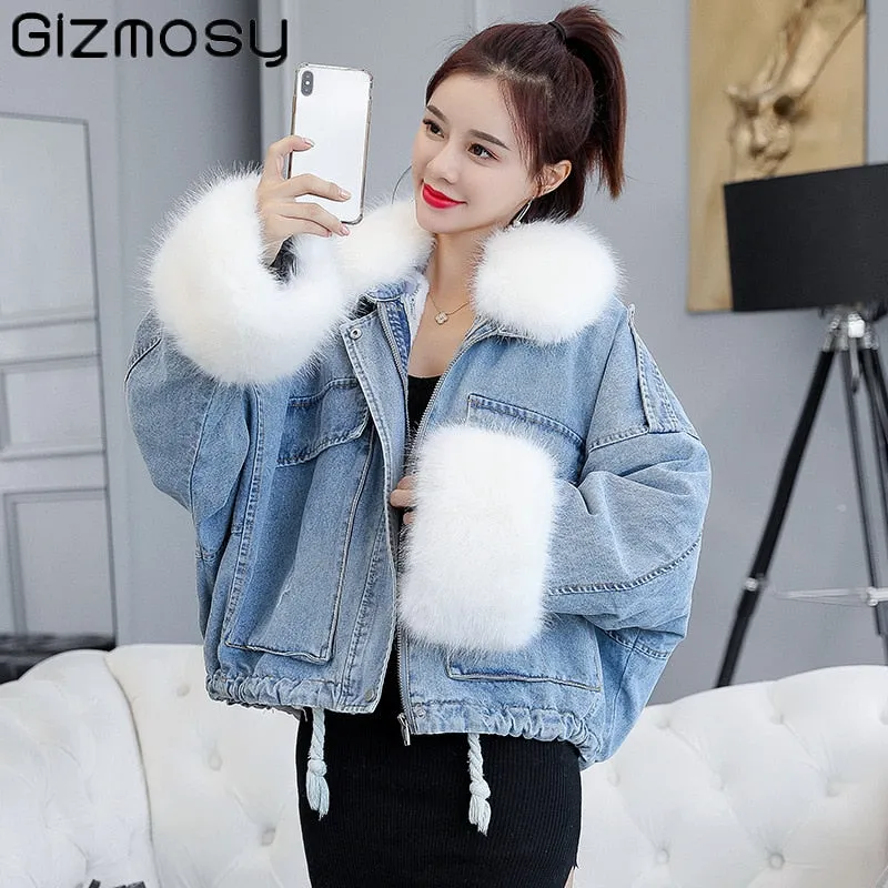 Gizmosy 2021 Winter Loose Denim Jacket Women Oversized Fur Collar Plus Velvet Padded Jacket Vintage Cotton Thick Warm Jean Coat