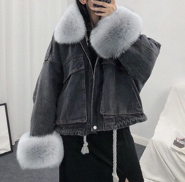 Gizmosy 2021 Winter Loose Denim Jacket Women Oversized Fur Collar Plus Velvet Padded Jacket Vintage Cotton Thick Warm Jean Coat