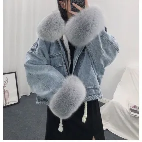 Gizmosy 2021 Winter Loose Denim Jacket Women Oversized Fur Collar Plus Velvet Padded Jacket Vintage Cotton Thick Warm Jean Coat