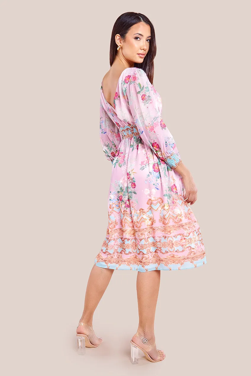Goddiva Chiffon Wrap Border Floral Print Midi Dress