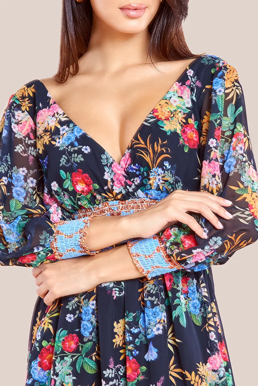 Goddiva Chiffon Wrap Border Floral Print Midi Dress