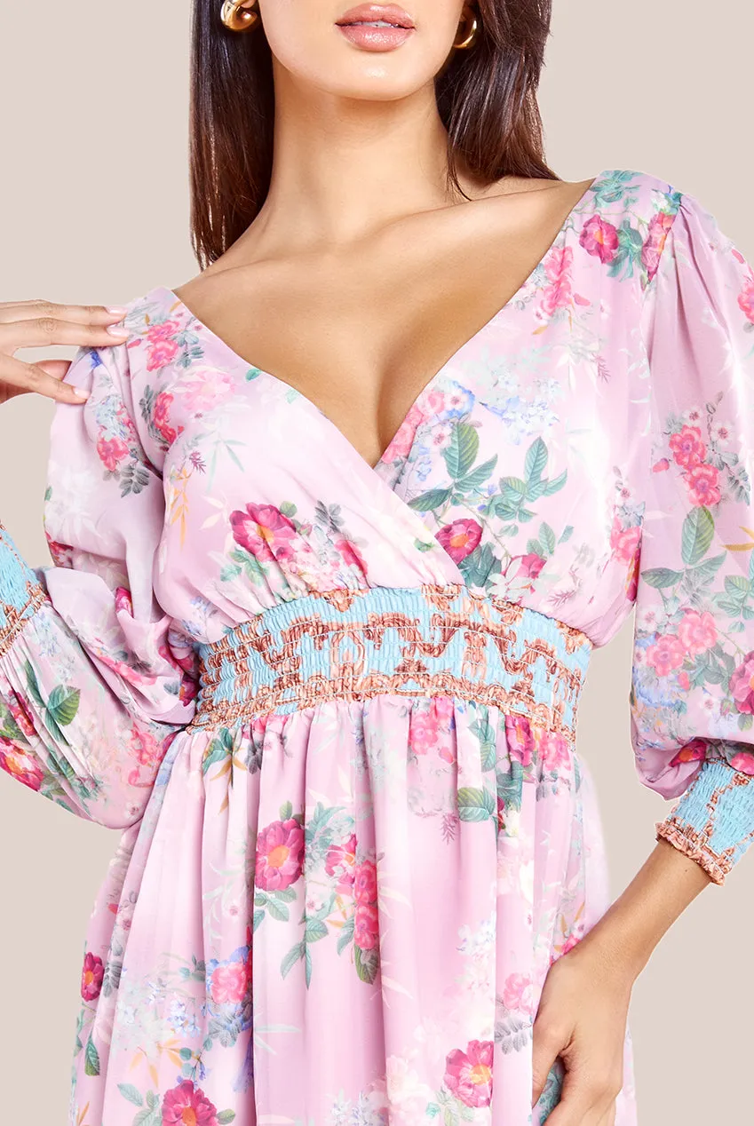 Goddiva Chiffon Wrap Border Floral Print Midi Dress