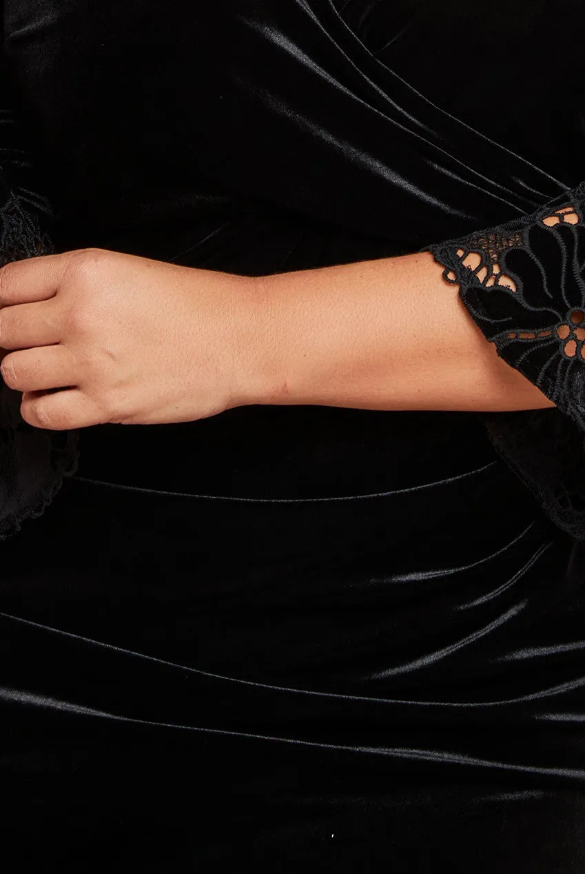 Goddiva Plus Crochet Velvet Wrap Midi Dress