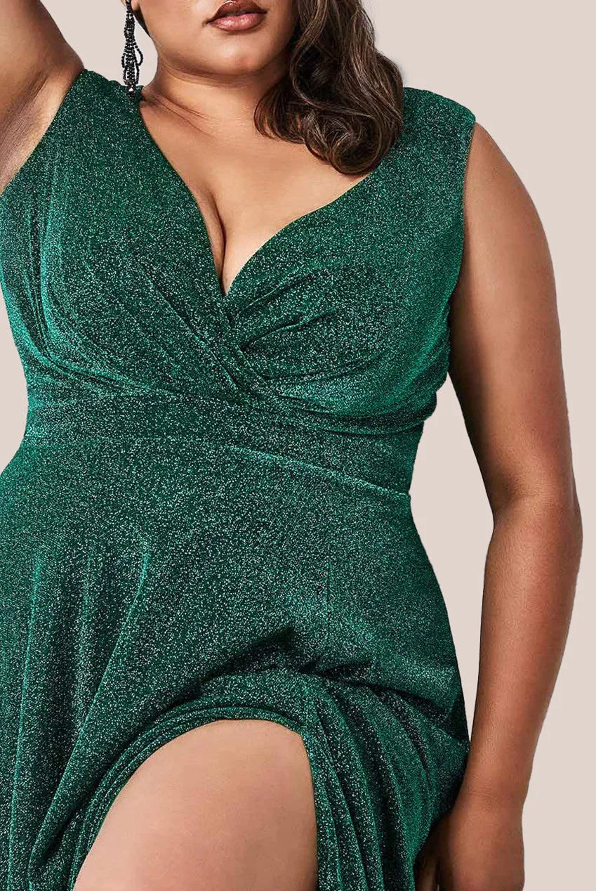 Goddiva Plus Wrap Bodice Sleeveless Lurex Split Maxi Dress