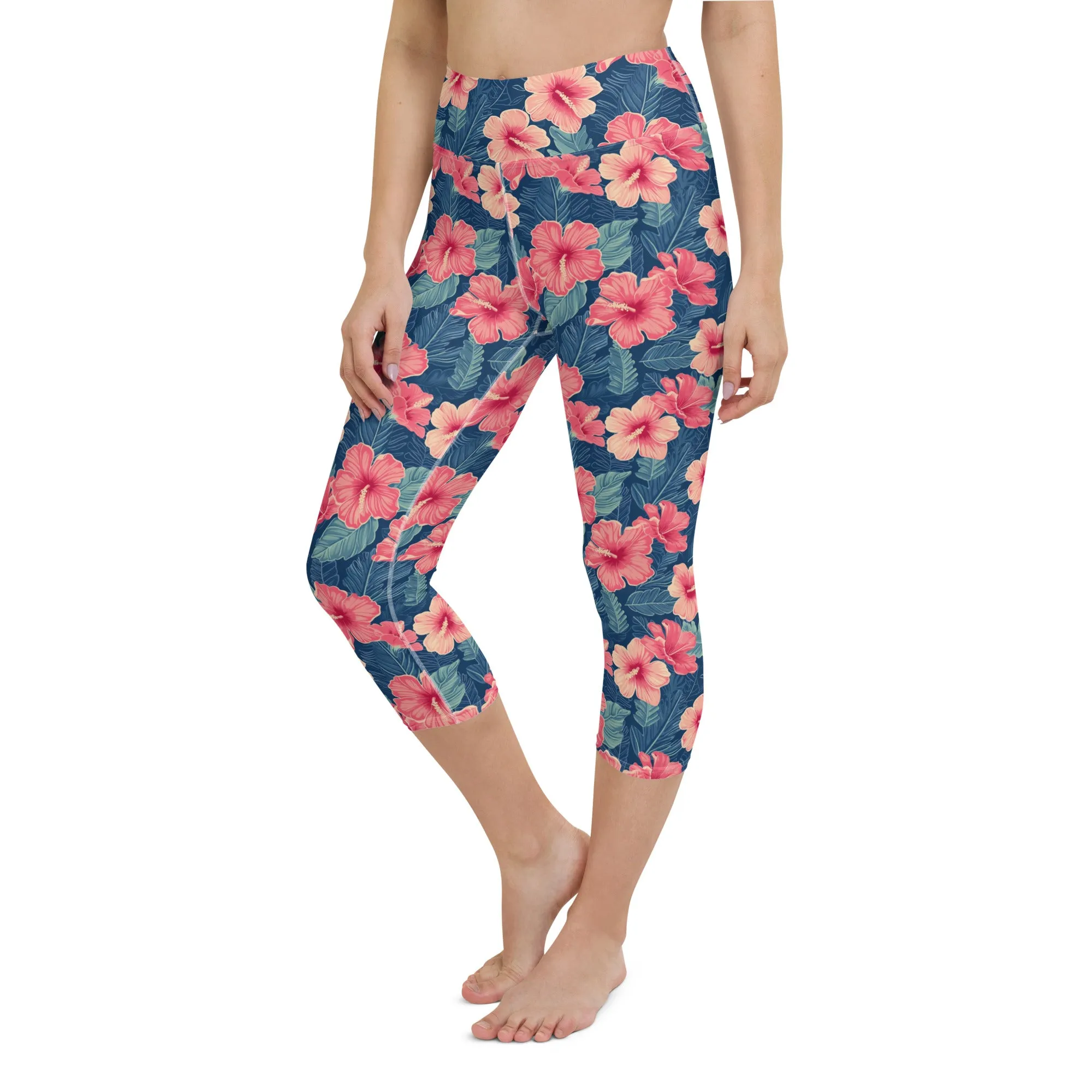 Hawaiian Hibiscus Capri Leggings Women, Pink Flowers 3 4 Cropped Surf Yoga Pants Printed Graphic Workout Gym Tights High Waisted