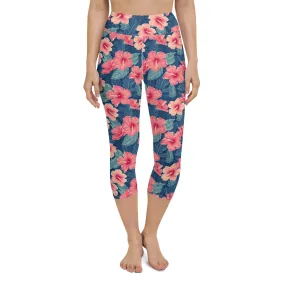 Hawaiian Hibiscus Capri Leggings Women, Pink Flowers 3 4 Cropped Surf Yoga Pants Printed Graphic Workout Gym Tights High Waisted