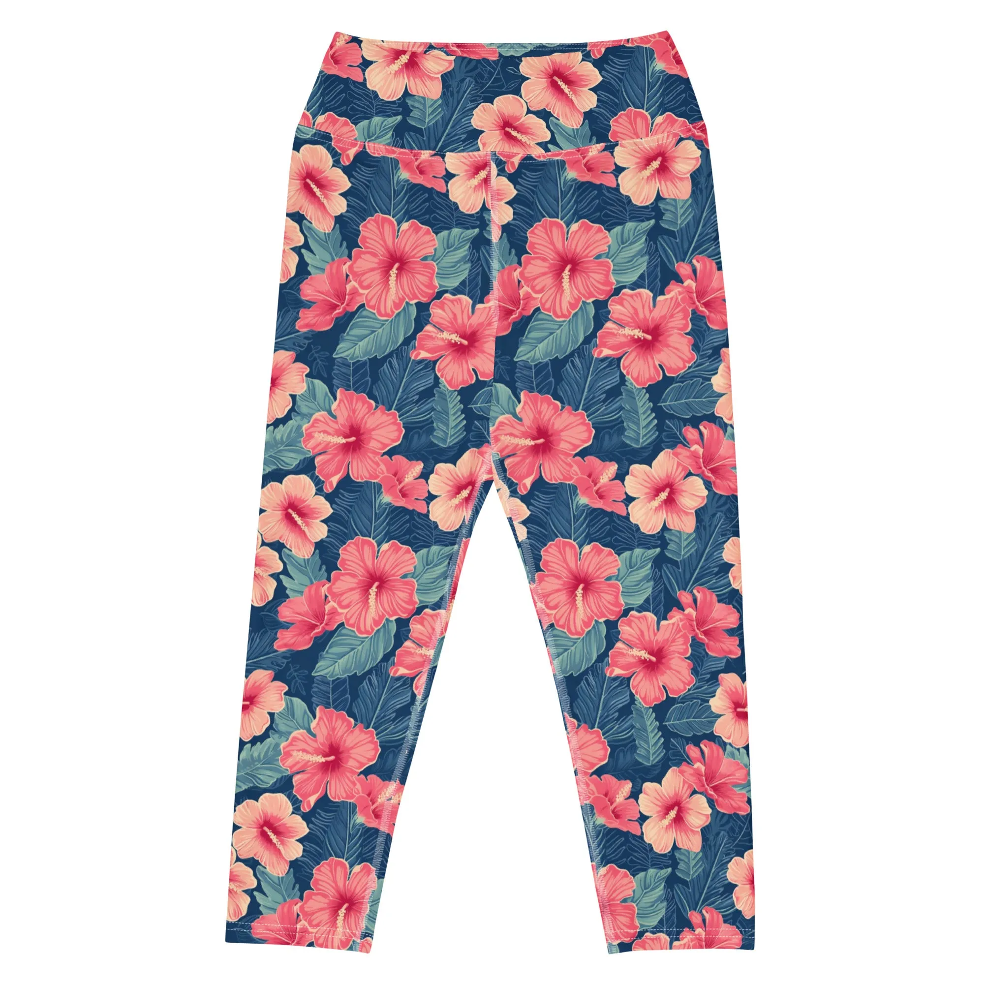 Hawaiian Hibiscus Capri Leggings Women, Pink Flowers 3 4 Cropped Surf Yoga Pants Printed Graphic Workout Gym Tights High Waisted