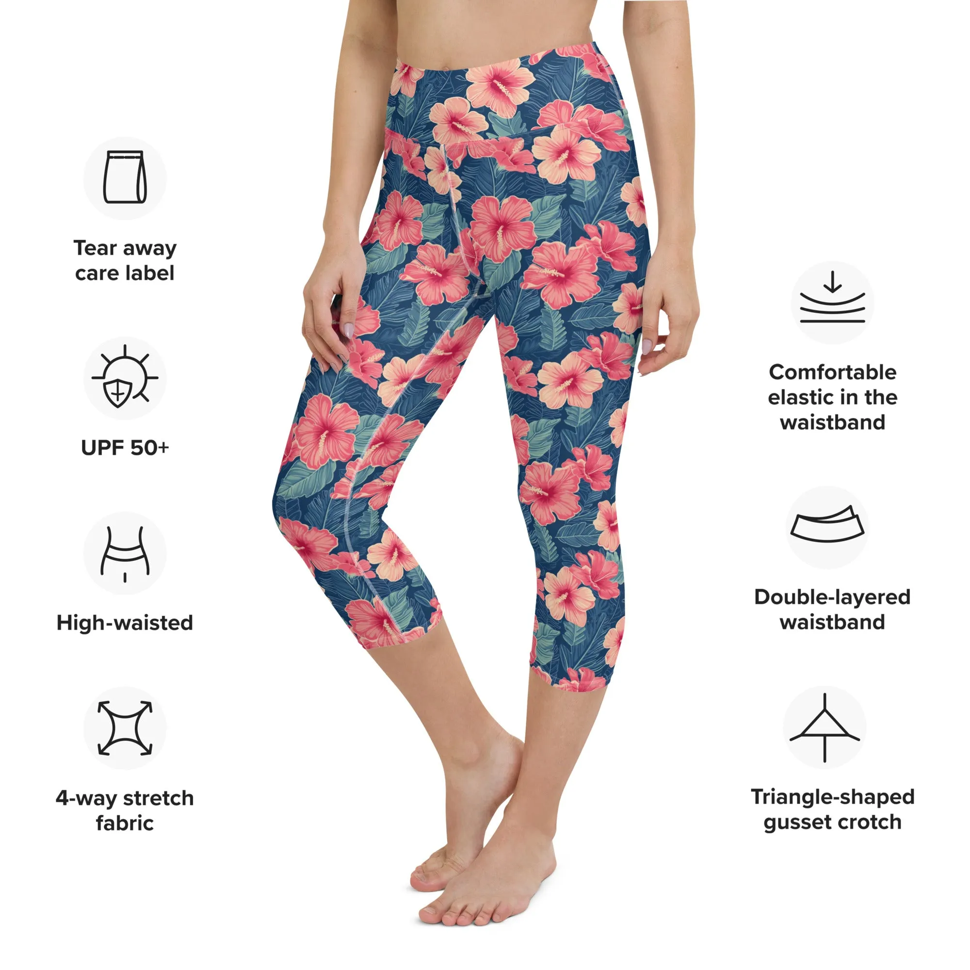 Hawaiian Hibiscus Capri Leggings Women, Pink Flowers 3 4 Cropped Surf Yoga Pants Printed Graphic Workout Gym Tights High Waisted
