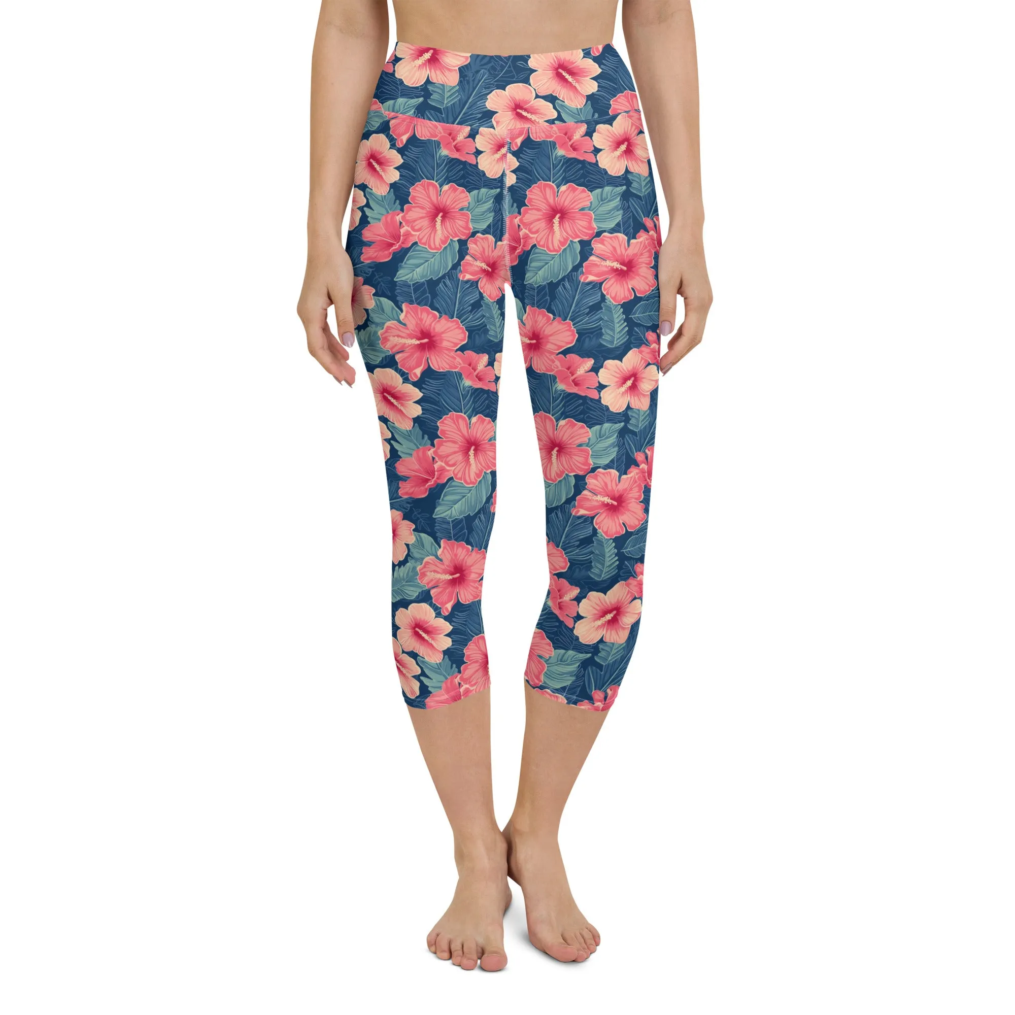 Hawaiian Hibiscus Capri Leggings Women, Pink Flowers 3 4 Cropped Surf Yoga Pants Printed Graphic Workout Gym Tights High Waisted