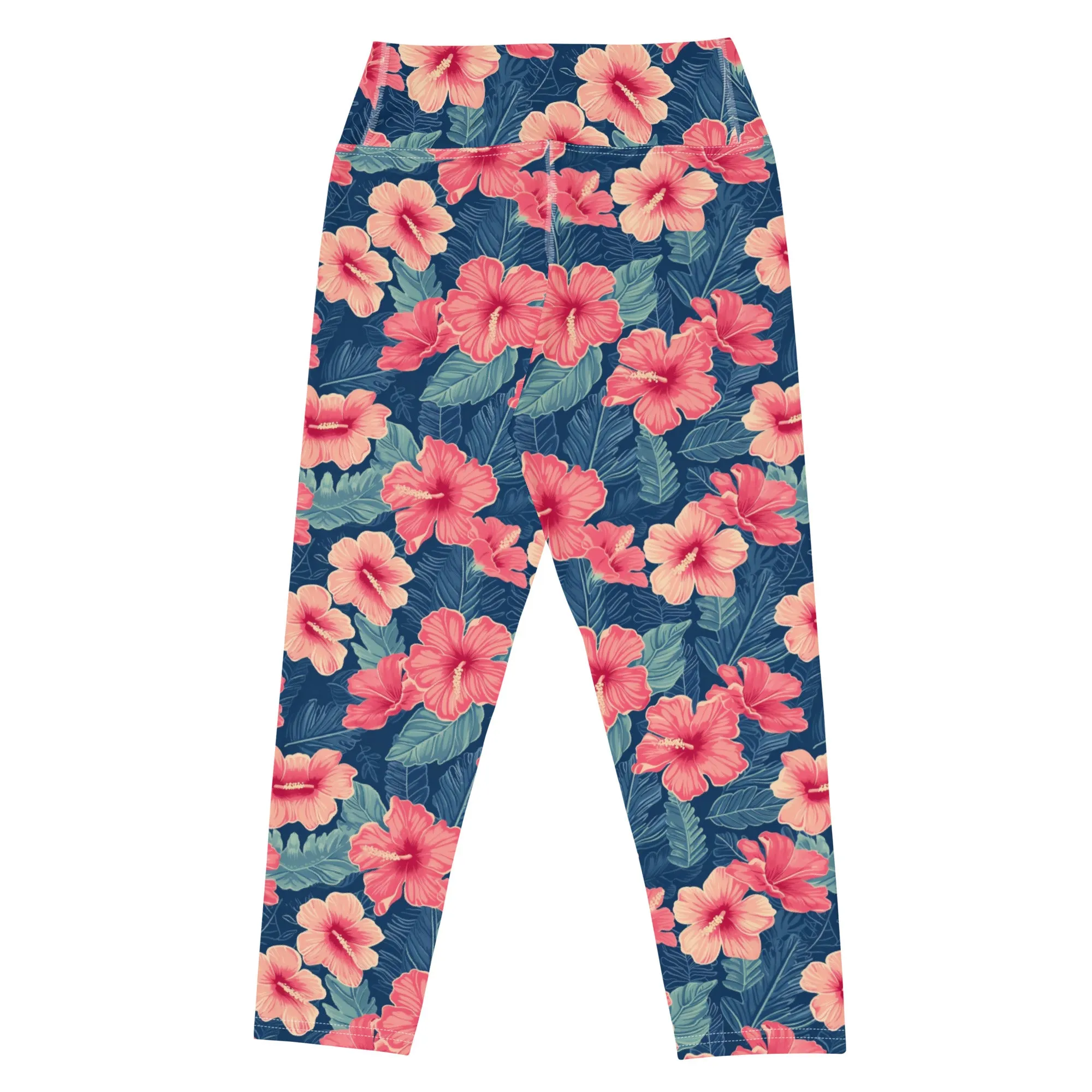 Hawaiian Hibiscus Capri Leggings Women, Pink Flowers 3 4 Cropped Surf Yoga Pants Printed Graphic Workout Gym Tights High Waisted