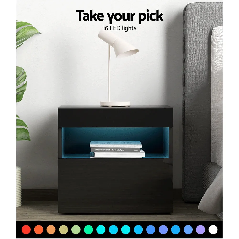 High Gloss Front Bedside Table Drawers RGB LED Nightstand Shelf- Black