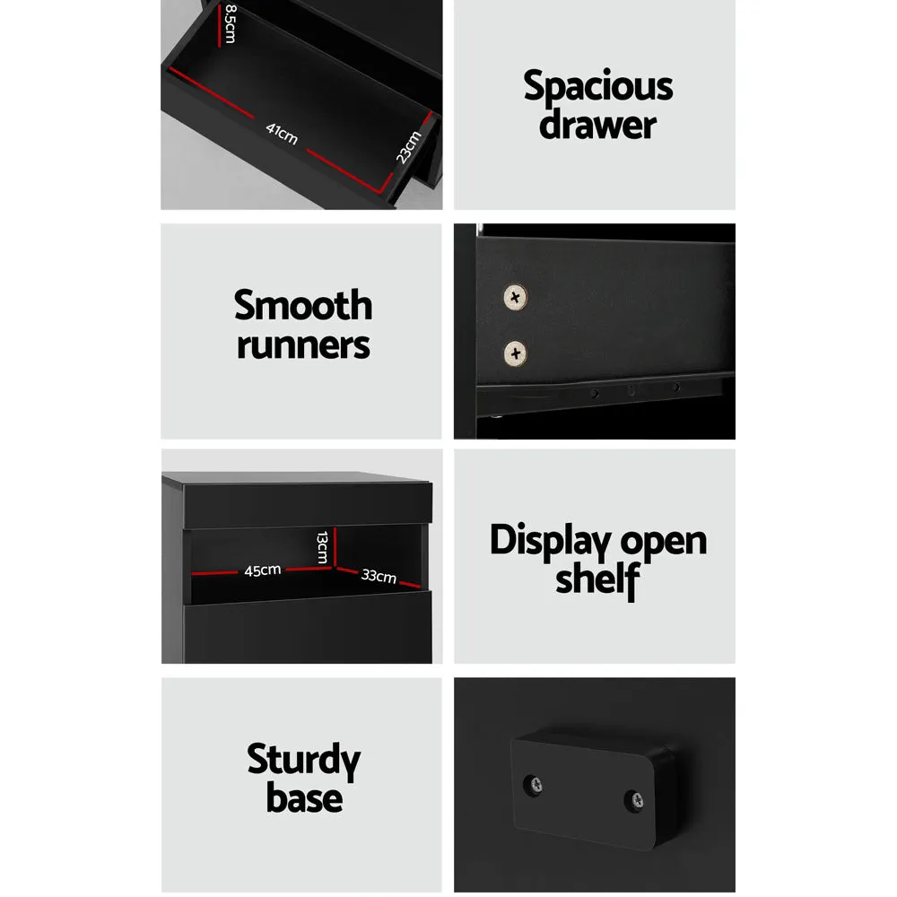 High Gloss Front Bedside Table Drawers RGB LED Nightstand Shelf- Black