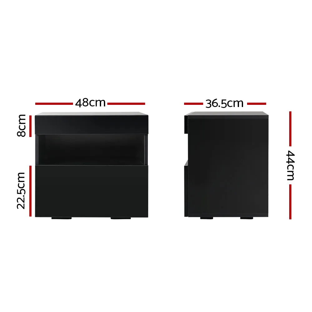 High Gloss Front Bedside Table Drawers RGB LED Nightstand Shelf- Black