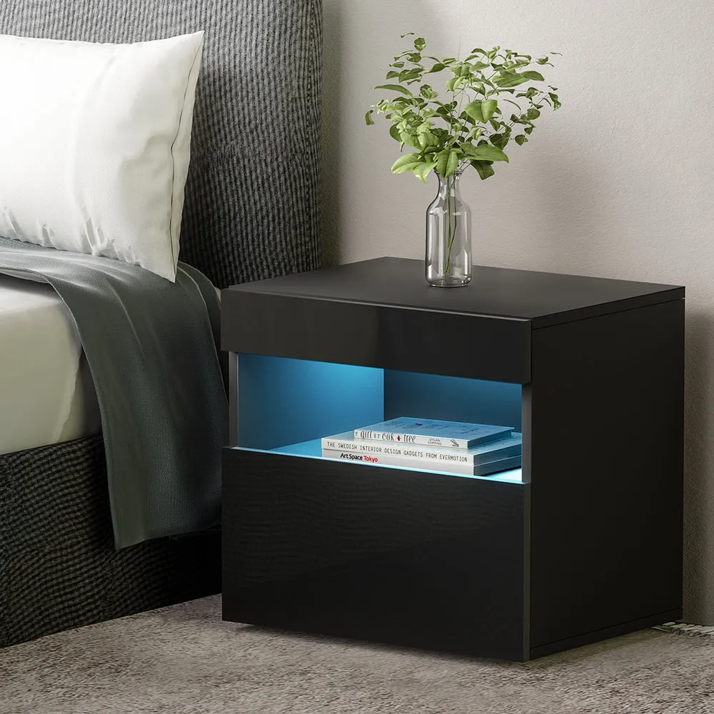 High Gloss Front Bedside Table Drawers RGB LED Nightstand Shelf- Black