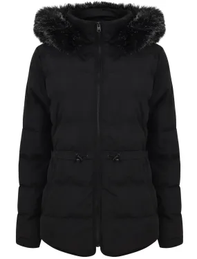 Jasmin Quilted Puffer Jacket With Faux Fur Trim Hood In Black - Tokyo Laundry