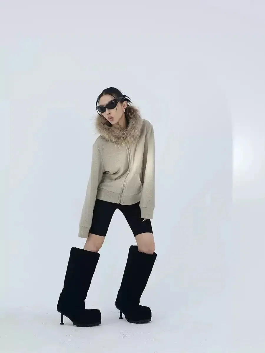 Kei Fur Trimmed Collar Zip-Up Hoodie