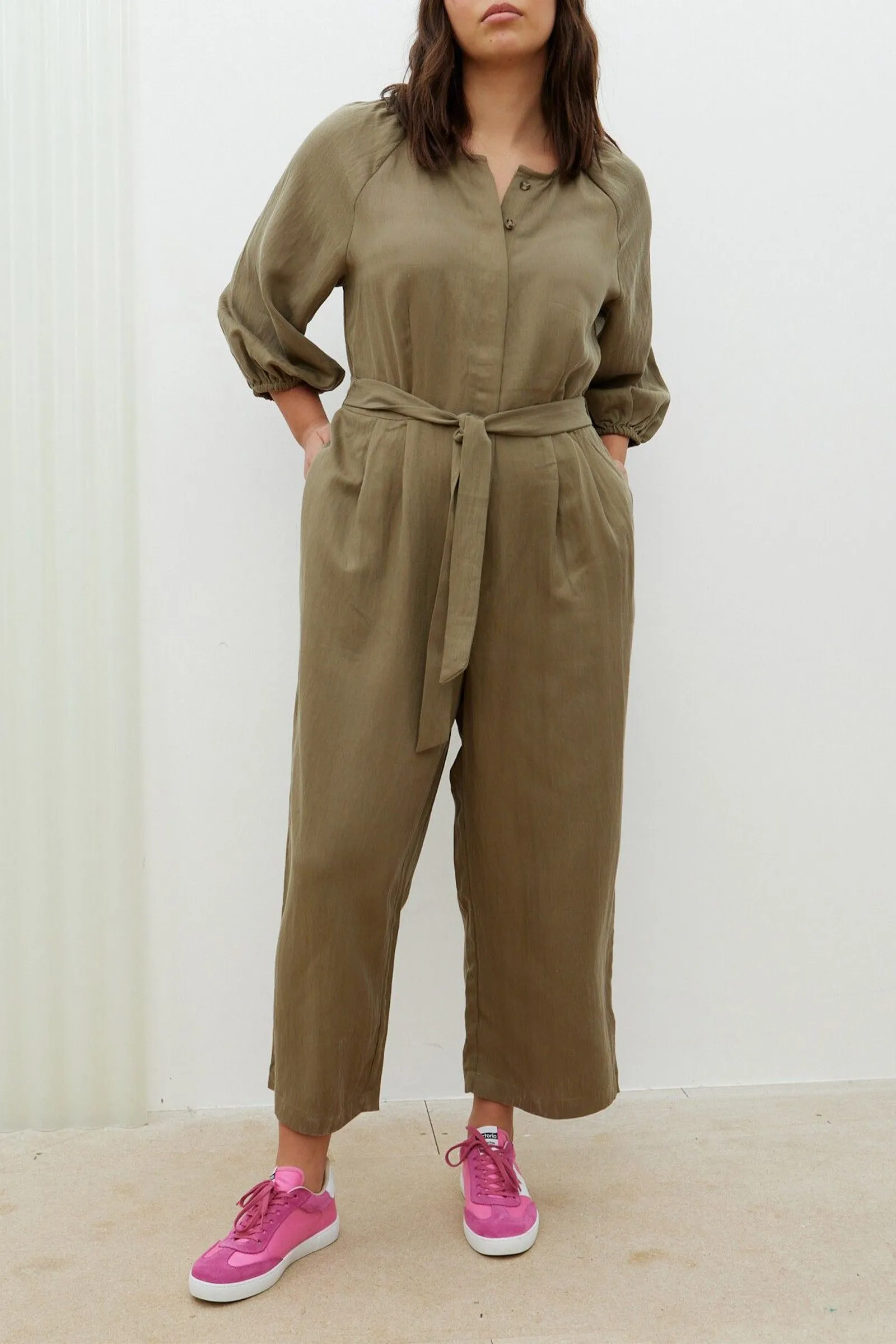 Khaki Green Collarless Wide Leg Jumpsuit