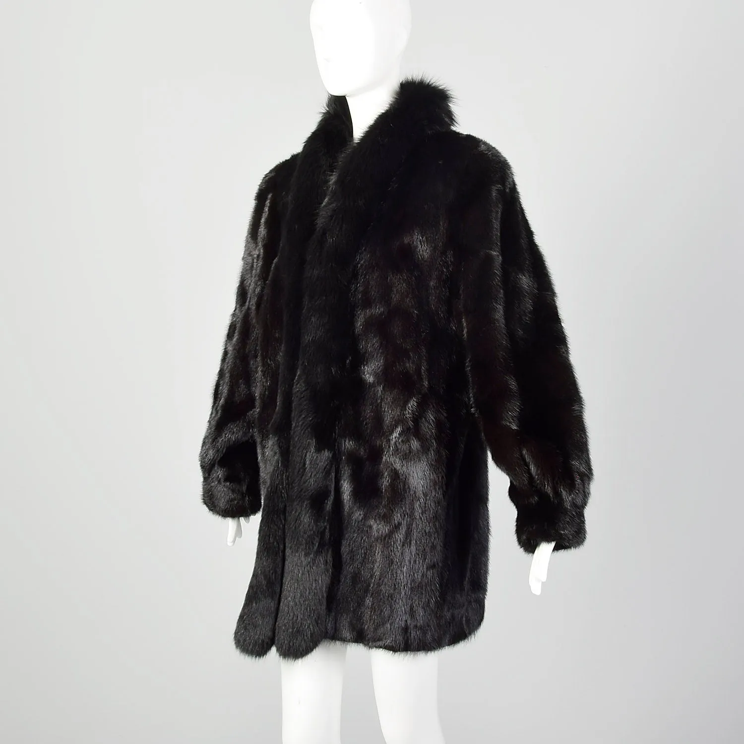 Large 1980s Black Mink Coat with Fox Fur Lapel