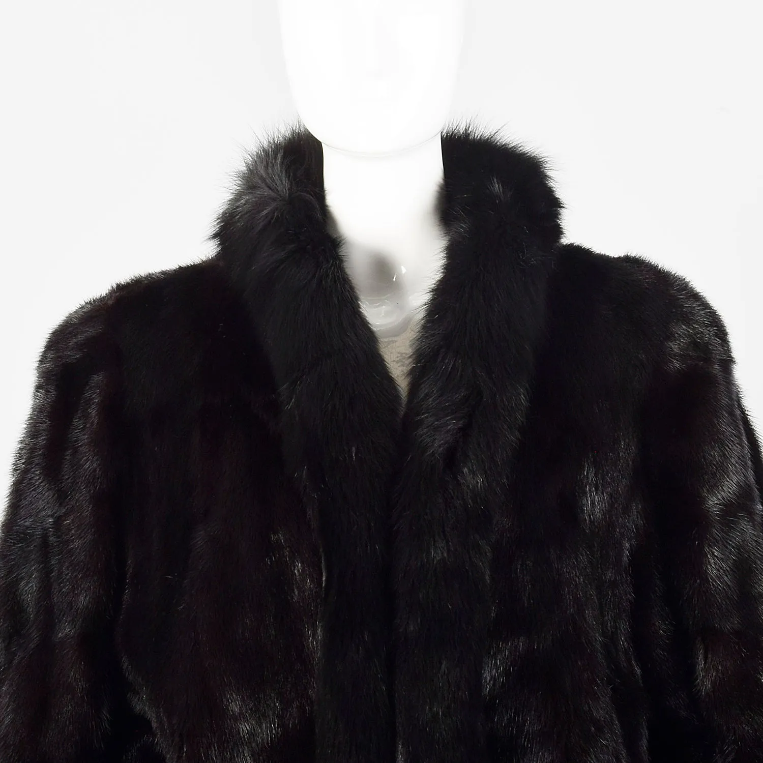 Large 1980s Black Mink Coat with Fox Fur Lapel