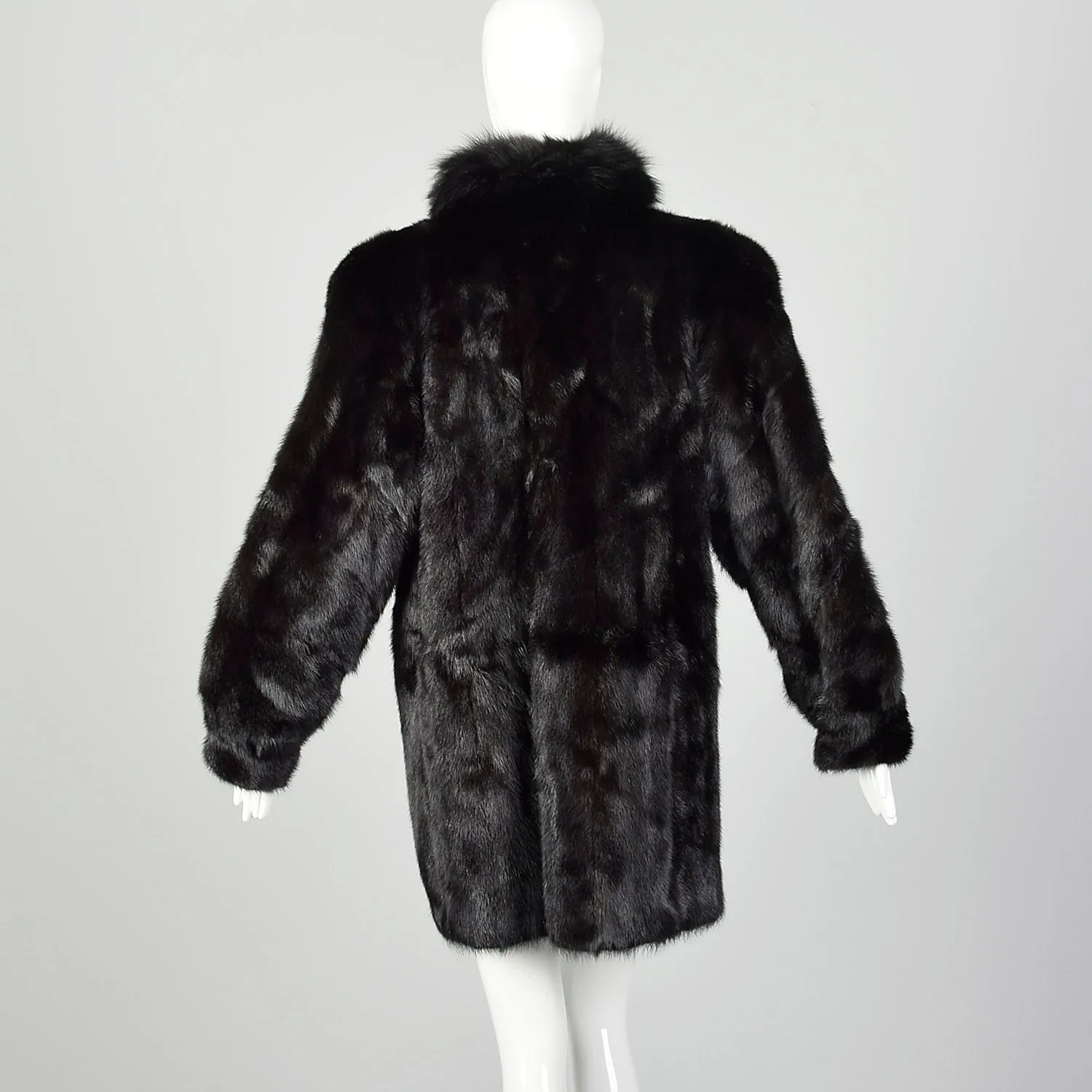 Large 1980s Black Mink Coat with Fox Fur Lapel