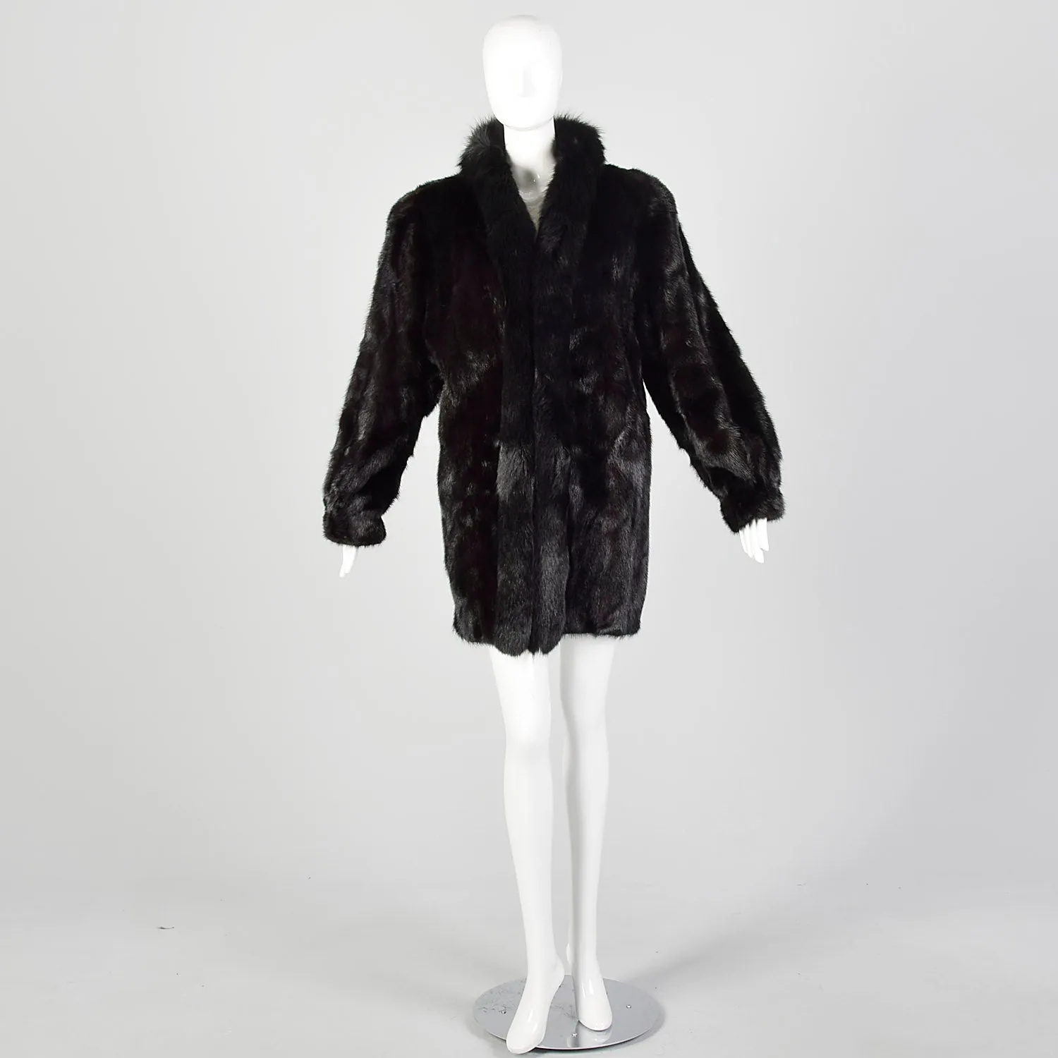 Large 1980s Black Mink Coat with Fox Fur Lapel