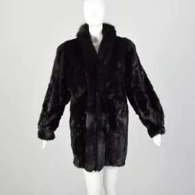 Large 1980s Black Mink Coat with Fox Fur Lapel