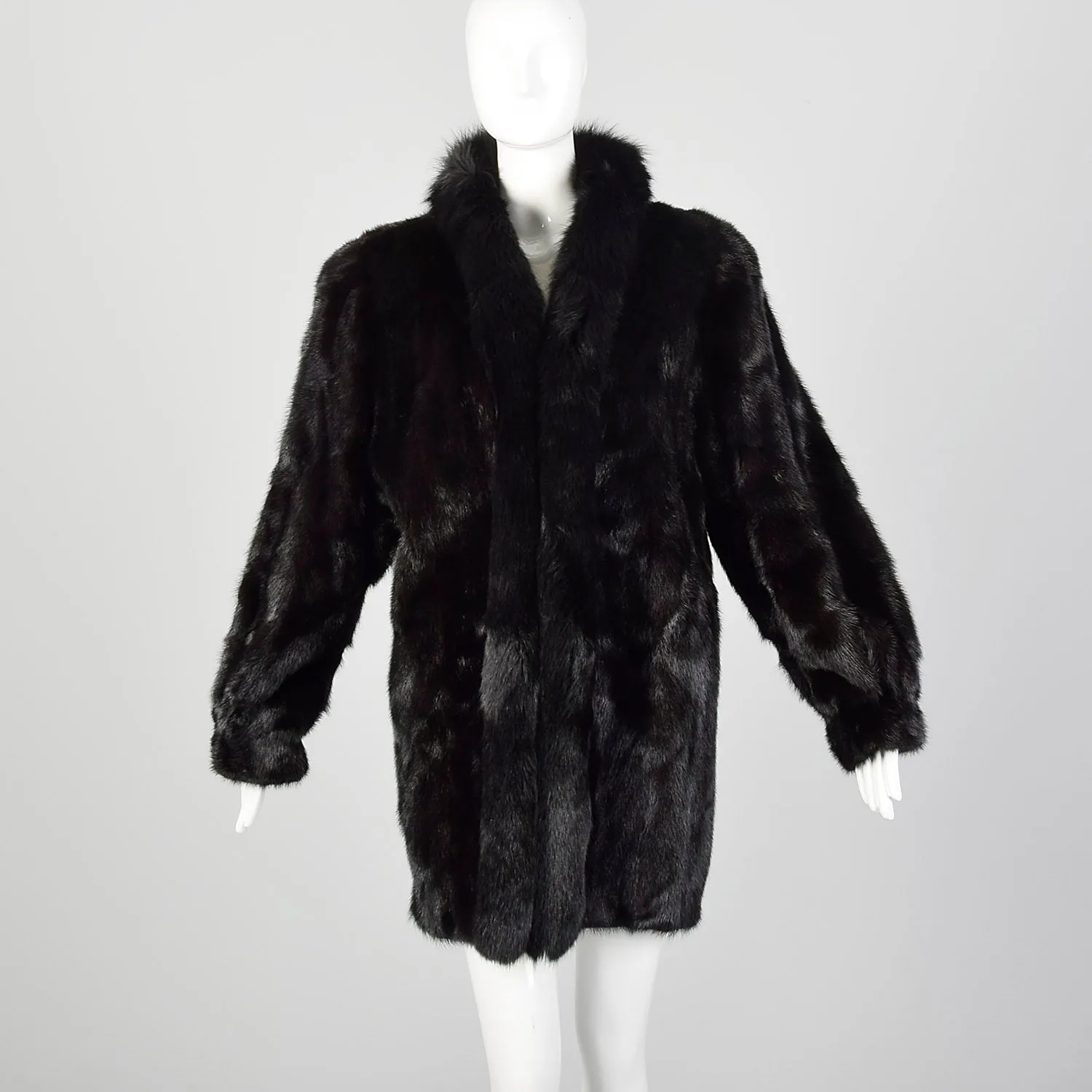 Large 1980s Black Mink Coat with Fox Fur Lapel