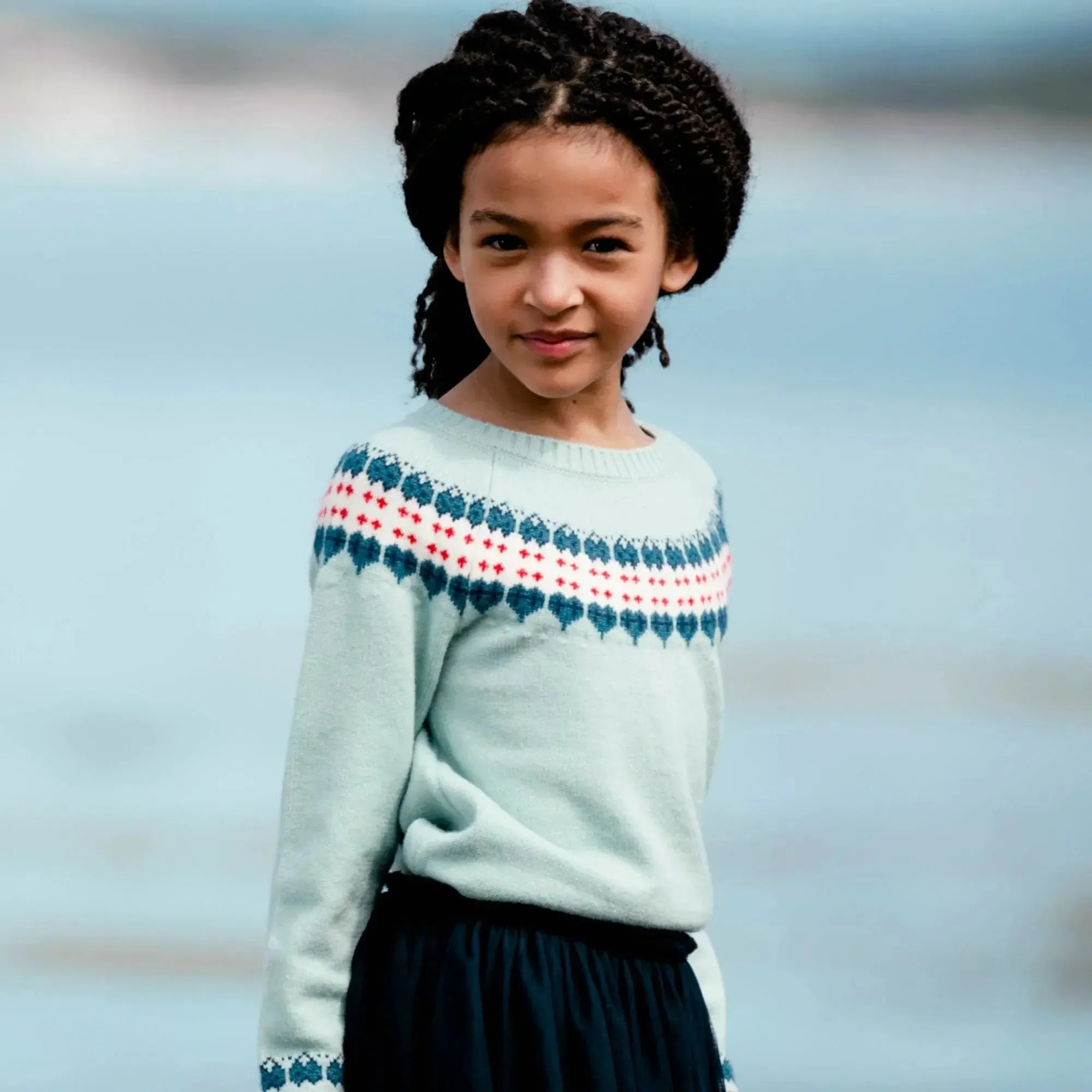 Long Sleeve Knitted Sweater Light Blue And Red | DEUX PAR DEUX