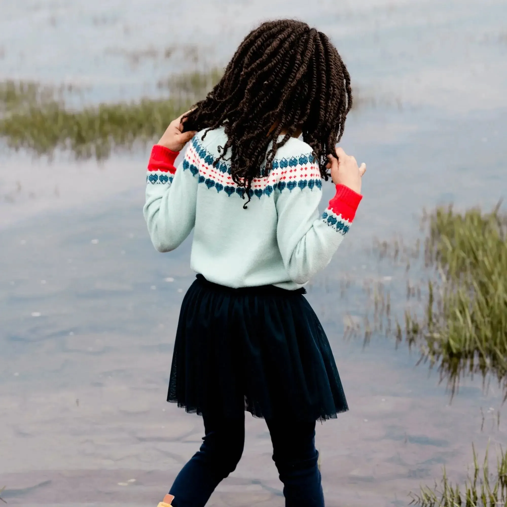 Long Sleeve Knitted Sweater Light Blue And Red | DEUX PAR DEUX