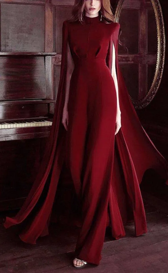 Long-Tulle-Sleeve Jumpsuit, Red