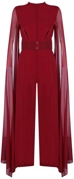 Long-Tulle-Sleeve Jumpsuit, Red