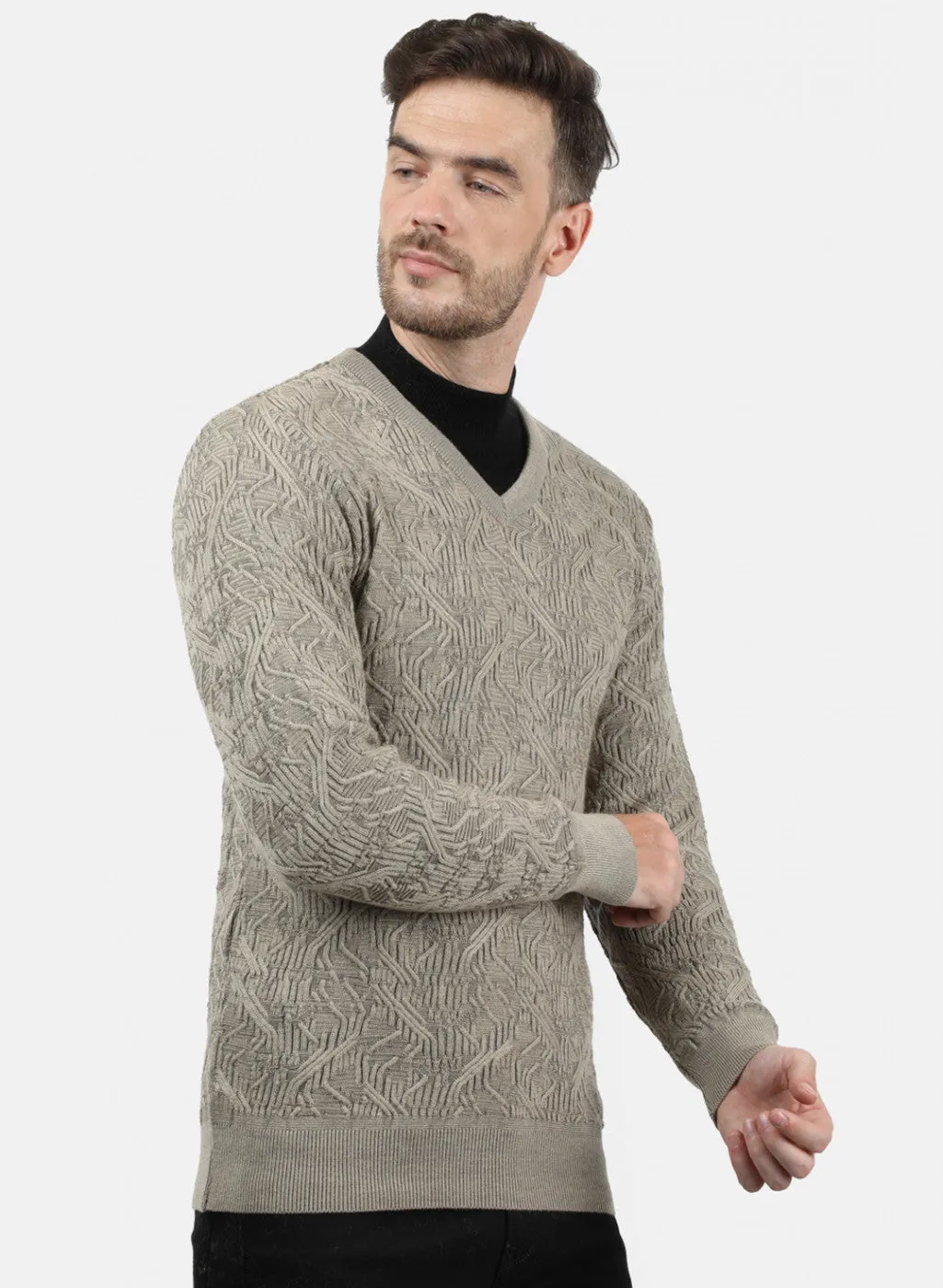 Men Beige Self Pullover