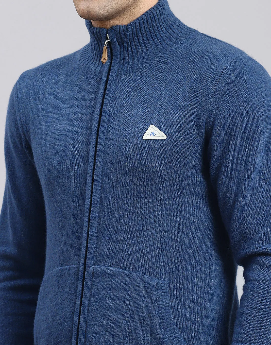 Men Blue Solid Stand Collar Full Sleeve Sweater